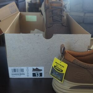 Skechers Men’s Brown Slip-On Arch Support Loafers with Tan Trim